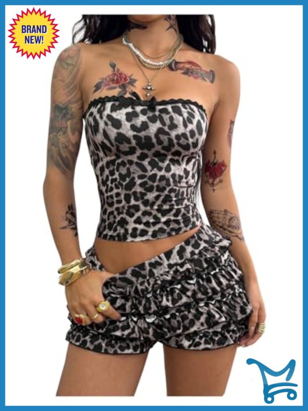 Verdusa 2 Piece Leopard Print Set Tube Top Ruffle Mini Shorts Y2K Clubwear